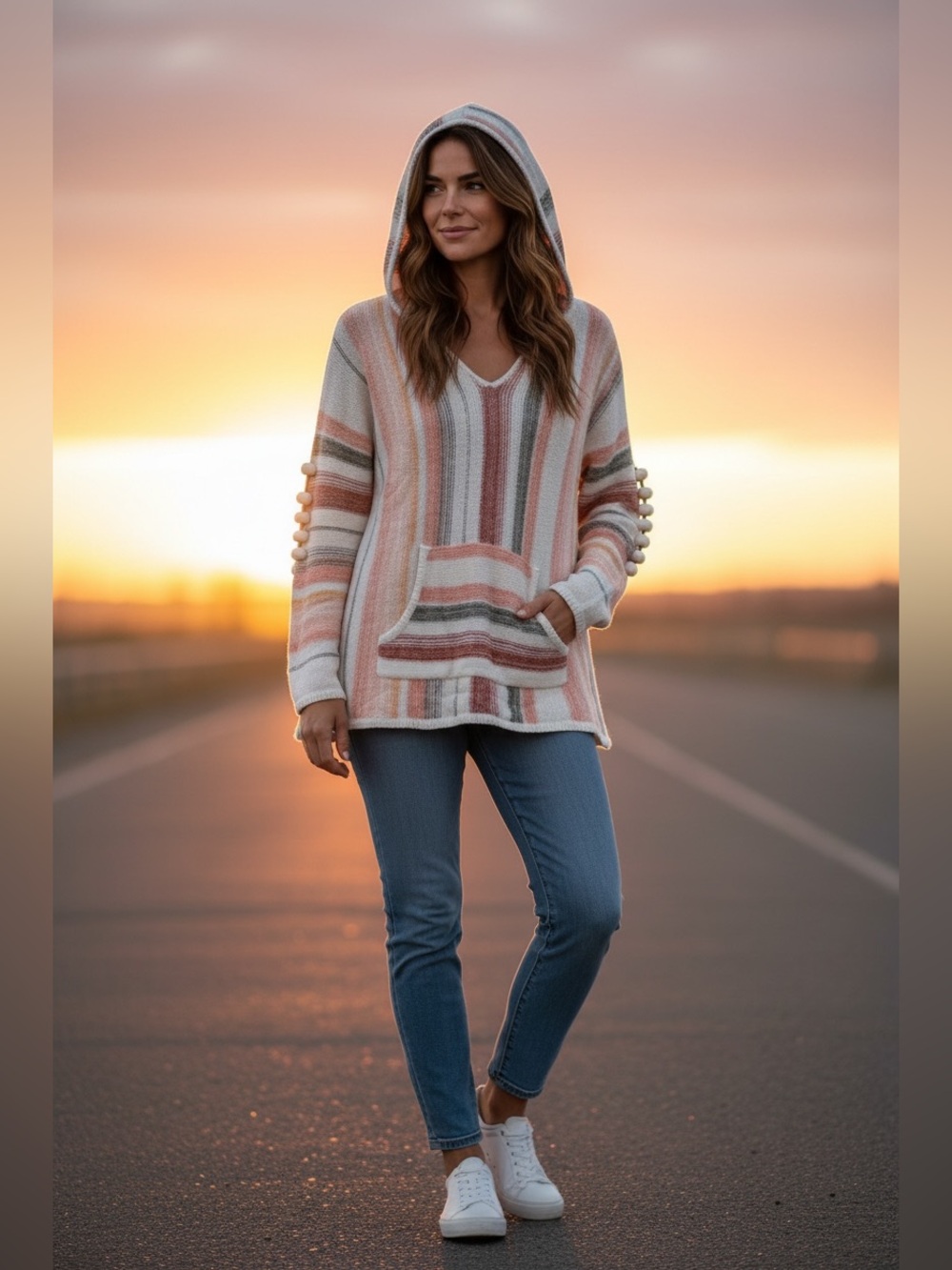 Striped Hooded Baja Pullover Sweater in Cream and Peach Small
